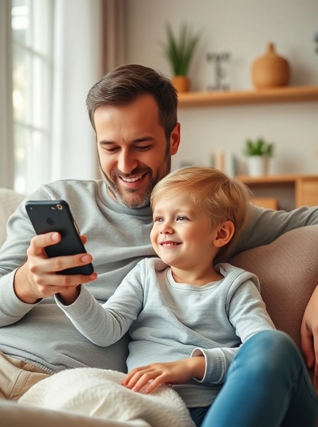 father using free smartphone with kid